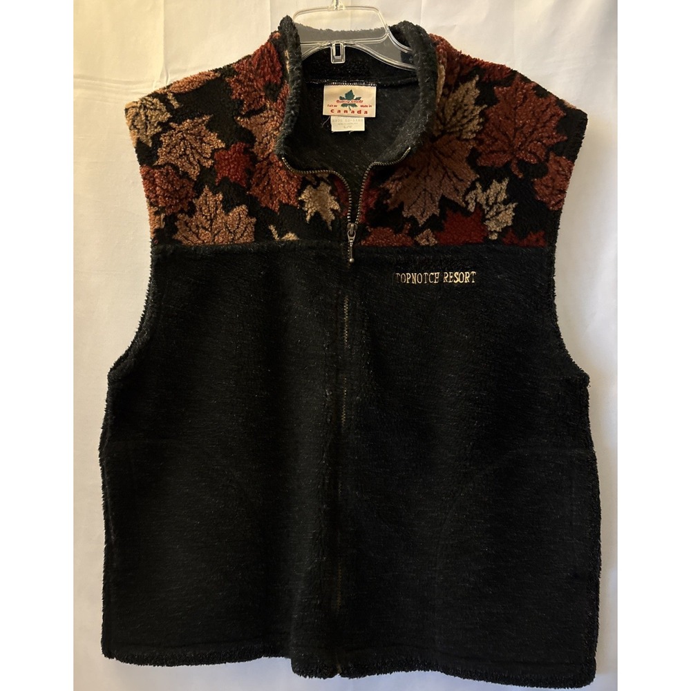 Vintage 90s Quality Goods Canada Fall Leaves Black Fleece‎ Zip-Up Vest Size L